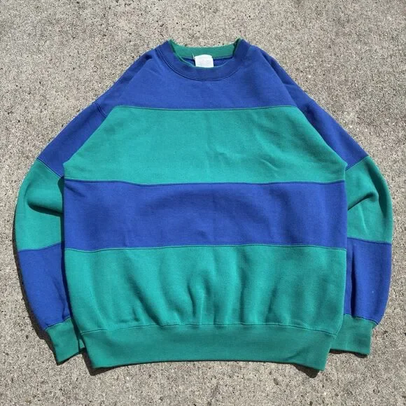 Cheetah VTG 90s Sweatshirt Sweater Green Black Colorblock Stripe Pullover Mens L - Picture 11 of 12
